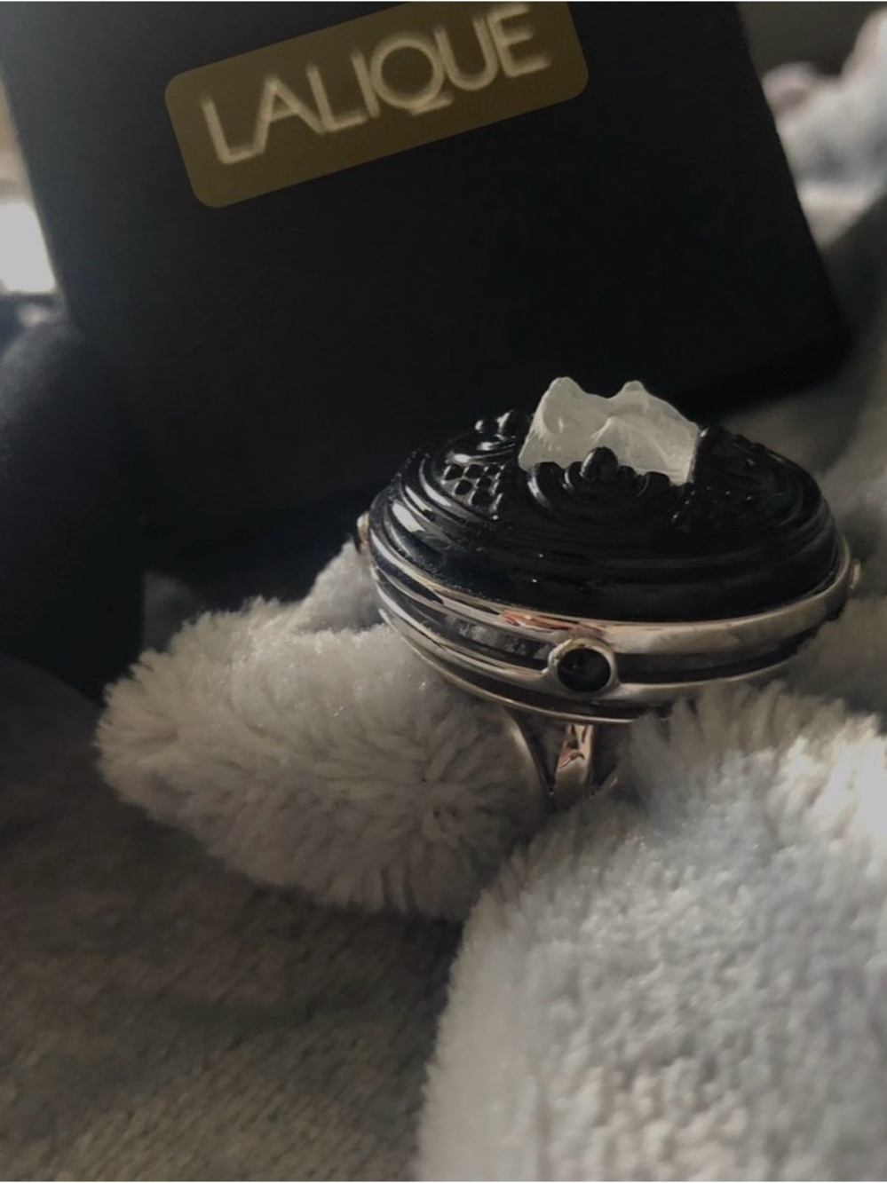 Lalique Black Glass Ring with Clear Frosted Accent